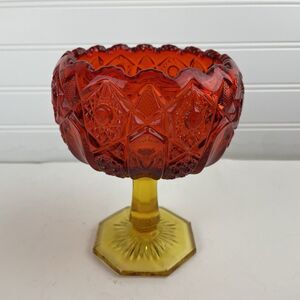 VTG Ruby Red Amberina Yellow Pressed Glass Pedestal Compote Candy Dish Scalloped